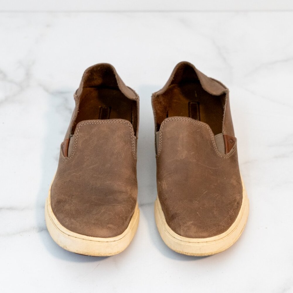 Olukai Pehuea Brown leather slip on sneakers
